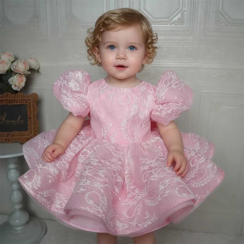 Toddler Girl Tulle Party Dress - فستان أنيق وردي لامع من الدانتيل