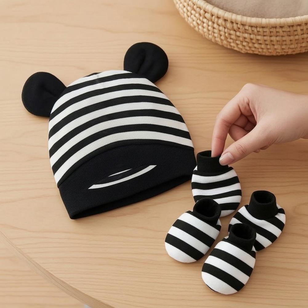 Infant Beanie Hat With Ears - قفازات مضادة للخدوش للمواليد الجدد، طقم