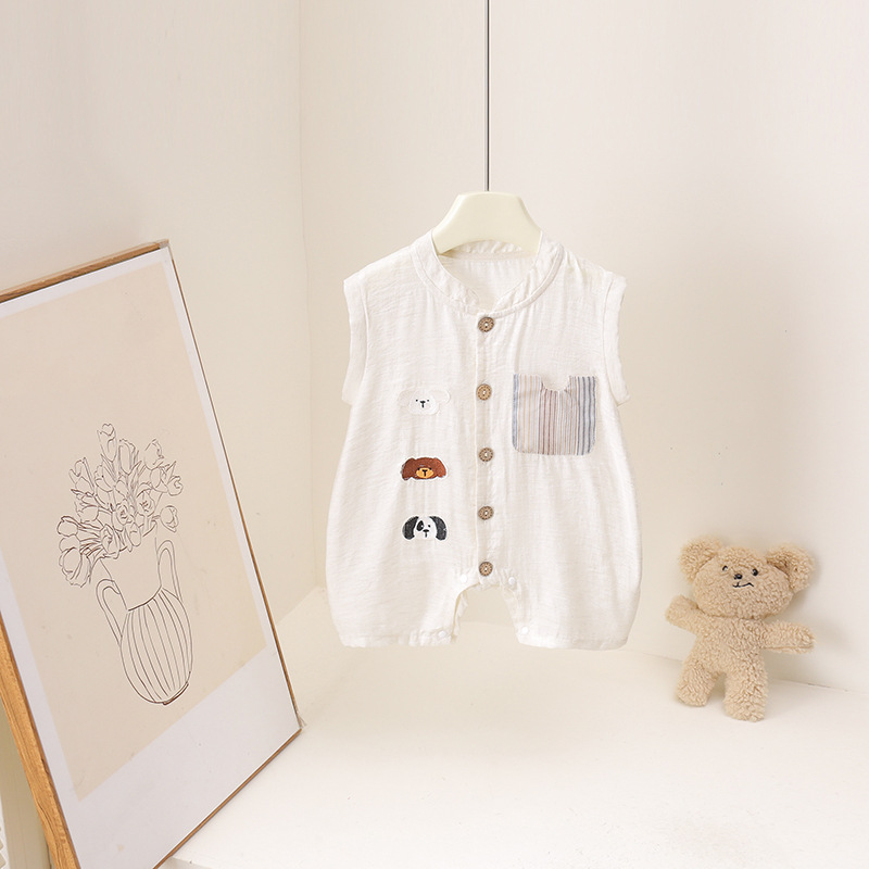 Baby Summer Linen Sleeveless Jumpsuit - رومبير صيفي للأولاد الصغار مطرز برسومات